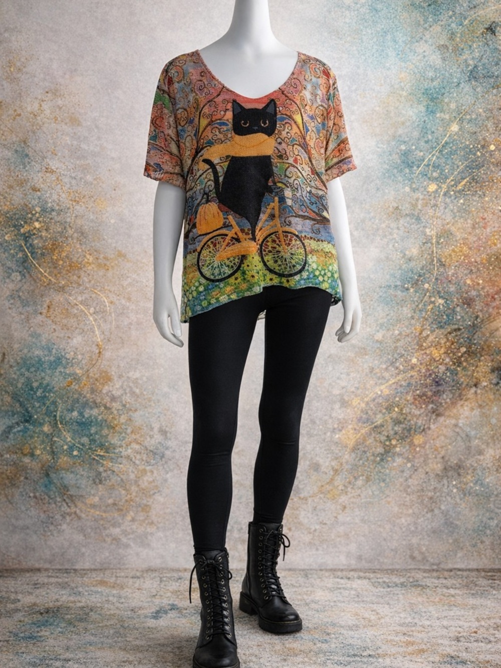 Whimsical Folk Art Cat Sweater | Boutique Knit Top | Size L | Statement Piece